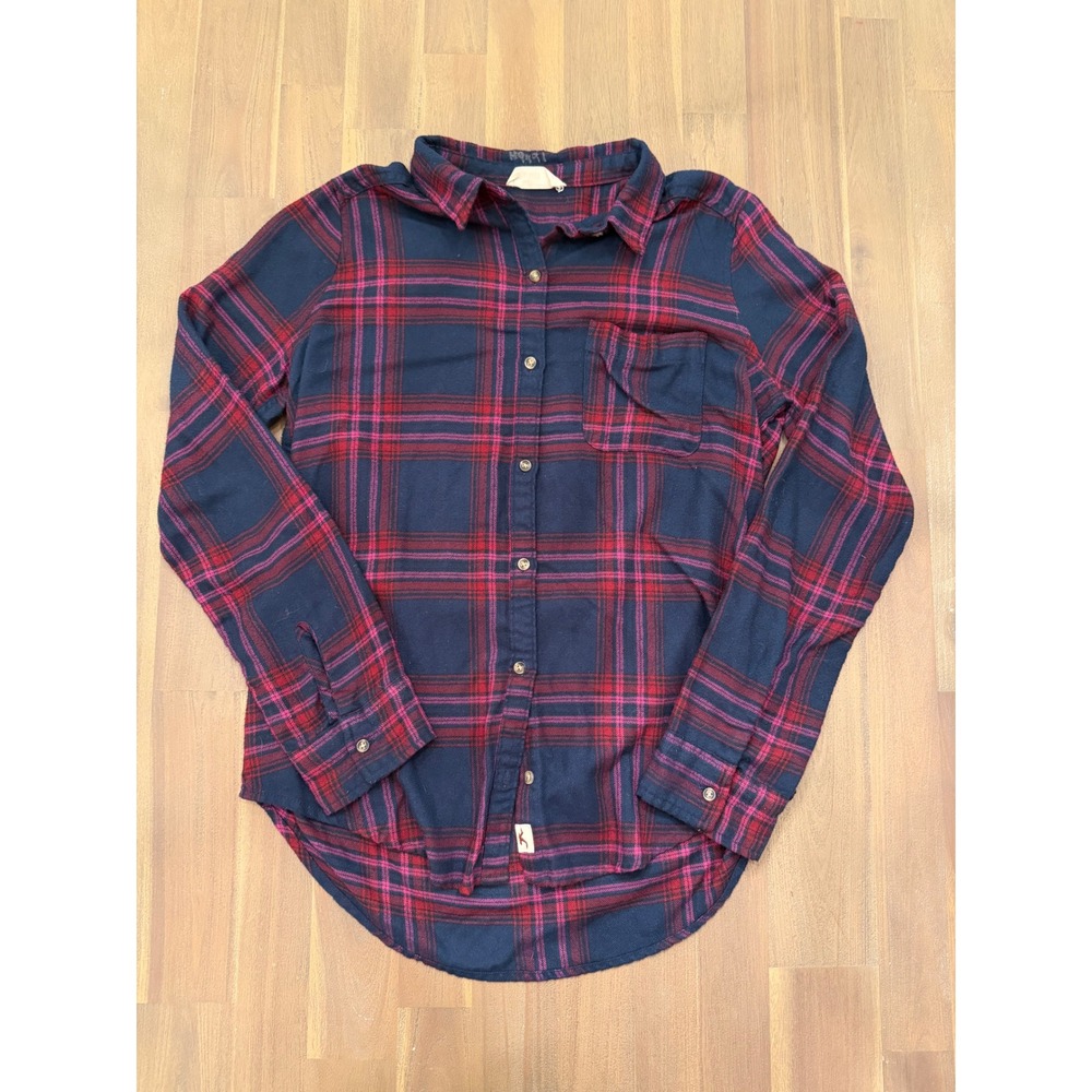 Hollister Womens Navy Pink‎ Plaid Flannel Long Sleeve Button Up Shirt Size S